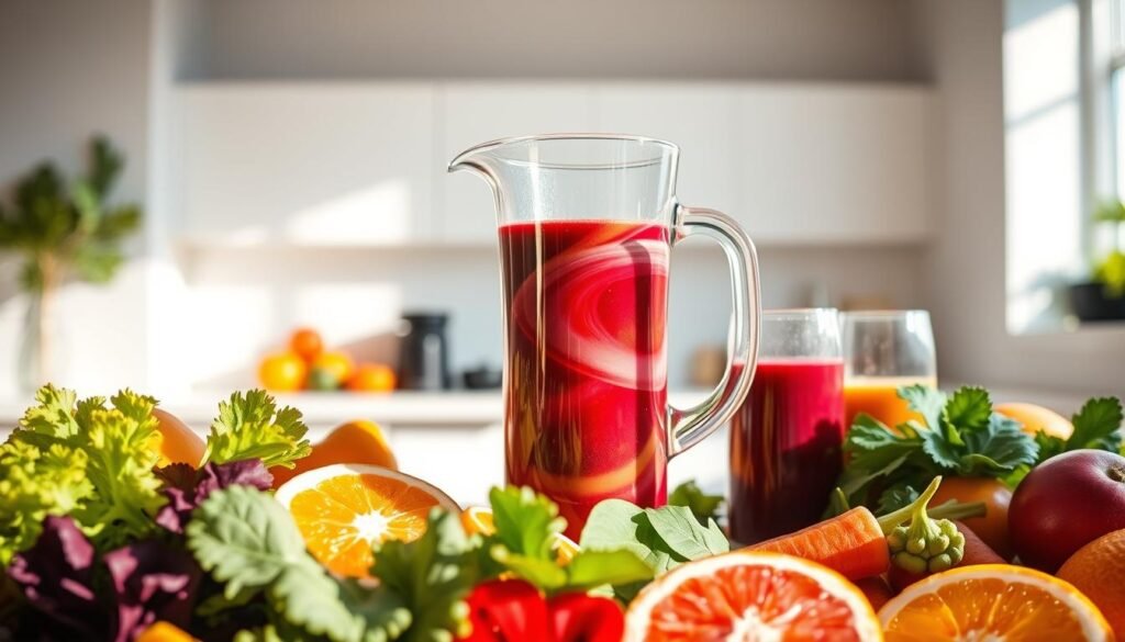 A vibrant, sun-drenched scene featuring an assortment of freshly blended detox juices. In the foreground, an array of colorful fruits and vegetables - crisp leafy greens, ruby-red beets, vibrant carrots, and juicy citrus fruits - are artfully arranged, their natural textures and vibrant hues shimmering under warm, diffused lighting. The middle ground showcases a sleek, modern glass pitcher filled with a swirling, jewel-toned elixir, its surface reflecting the light in mesmerizing patterns. In the background, a minimalist, airy kitchen setting provides a clean, uncluttered backdrop, allowing the vibrant colors and textures of the detox juices to take center stage. The overall mood is one of health, vitality, and a sense of rejuvenation, perfectly capturing the essence of the "Detox Juices for Weight Loss and Toxin Removal" section. A vibrant, sun-drenched scene featuring an assortment of freshly blended detox juices. In the foreground, an array of colorful fruits and vegetables - crisp leafy greens, ruby-red beets, vibrant carrots, and juicy citrus fruits - are artfully arranged, their natural textures and vibrant hues shimmering under warm, diffused lighting. The middle ground showcases a sleek, modern glass pitcher filled with a swirling, jewel-toned elixir, its surface reflecting the light in mesmerizing patterns. In the background, a minimalist, airy kitchen setting provides a clean, uncluttered backdrop, allowing the vibrant colors and textures of the detox juices to take center stage. The overall mood is one of health, vitality, and a sense of rejuvenation, perfectly capturing the essence of the "Detox Juices for Weight Loss and Toxin Removal" section.