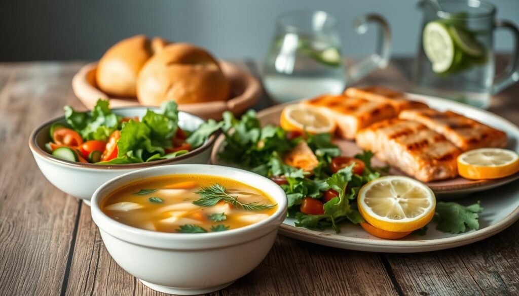 A visually appealing arrangement of healthy, light dinner options on a rustic wooden table. In the foreground, a steaming bowl of vegetable soup, garnished with fresh herbs. Beside it, a crisp green salad with slices of juicy tomatoes and crunchy cucumber. In the middle, a plate of grilled salmon fillets, glistening with lemon and dill. In the background, a few whole-grain rolls and a pitcher of infused water, adding a refreshing touch. The lighting is soft and natural, casting a warm glow over the scene. The overall mood is one of simplicity, nourishment, and balance, perfectly capturing the essence of a wholesome, light dinner. A visually appealing arrangement of healthy, light dinner options on a rustic wooden table. In the foreground, a steaming bowl of vegetable soup, garnished with fresh herbs. Beside it, a crisp green salad with slices of juicy tomatoes and crunchy cucumber. In the middle, a plate of grilled salmon fillets, glistening with lemon and dill. In the background, a few whole-grain rolls and a pitcher of infused water, adding a refreshing touch. The lighting is soft and natural, casting a warm glow over the scene. The overall mood is one of simplicity, nourishment, and balance, perfectly capturing the essence of a wholesome, light dinner.