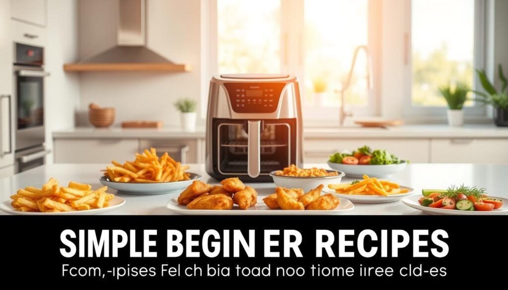 A visually appealing array of simple, beginner-friendly air fryer recipes displayed on a clean, minimalist kitchen countertop. The foreground features several golden-brown, crispy fried dishes like french fries, chicken wings, and vegetables, arranged artfully. The middle ground showcases an open air fryer appliance in a sleek, modern design. The background depicts a bright, airy kitchen with natural lighting filtering in through large windows, creating a warm, inviting atmosphere. The overall scene conveys the ease and versatility of air fryer cooking for novice home chefs. A visually appealing array of simple, beginner-friendly air fryer recipes displayed on a clean, minimalist kitchen countertop. The foreground features several golden-brown, crispy fried dishes like french fries, chicken wings, and vegetables, arranged artfully. The middle ground showcases an open air fryer appliance in a sleek, modern design. The background depicts a bright, airy kitchen with natural lighting filtering in through large windows, creating a warm, inviting atmosphere. The overall scene conveys the ease and versatility of air fryer cooking for novice home chefs.