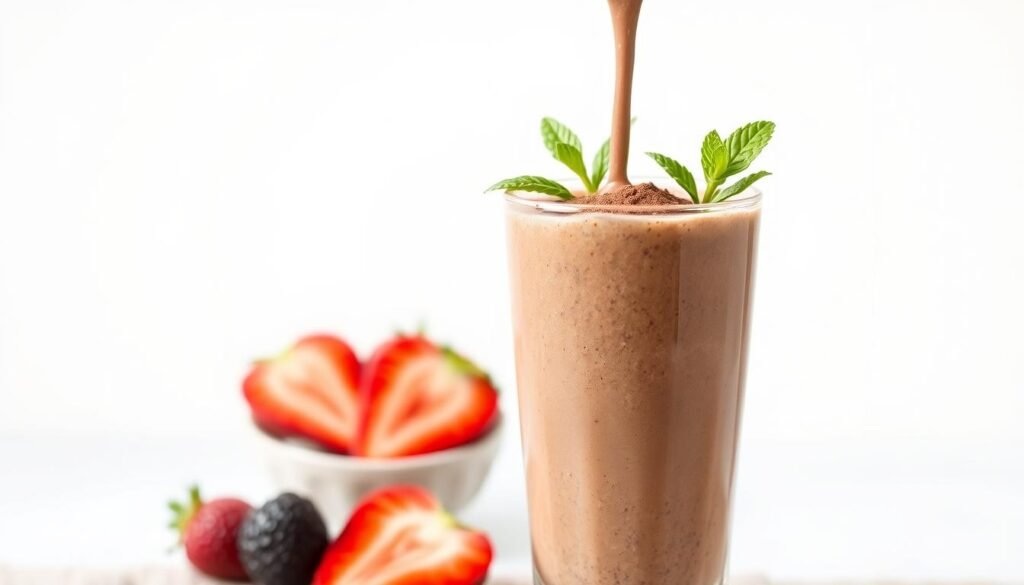 A visually appealing smoothie with a vibrant blend of fresh fruits, cocoa powder, and chia seeds. The smoothie is poured into a tall glass, garnished with a sprinkle of cocoa powder and a sprig of mint, set against a plain white background. The lighting is soft and natural, highlighting the smooth, creamy texture of the smoothie. The overall composition is simple yet elegant, conveying a sense of healthiness and indulgence. A visually appealing smoothie with a vibrant blend of fresh fruits, cocoa powder, and chia seeds. The smoothie is poured into a tall glass, garnished with a sprinkle of cocoa powder and a sprig of mint, set against a plain white background. The lighting is soft and natural, highlighting the smooth, creamy texture of the smoothie. The overall composition is simple yet elegant, conveying a sense of healthiness and indulgence.