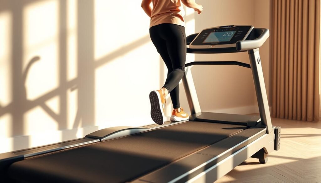 A visually striking high-resolution image of an effective treadmill for home use. Capture the machine from a low angle, with a sharp focus on the sleek, modern design featuring a large digital display, sturdy handrails, and a spacious, cushioned running platform. Illuminate the scene with warm, natural lighting, casting shadows that accentuate the treadmill's contours. Render the background as a minimalist, uncluttered space with neutral tones, allowing the treadmill to be the central focal point. Convey a sense of quality, durability, and user-friendliness through the treadmill's refined aesthetic and premium build. A visually striking high-resolution image of an effective treadmill for home use. Capture the machine from a low angle, with a sharp focus on the sleek, modern design featuring a large digital display, sturdy handrails, and a spacious, cushioned running platform. Illuminate the scene with warm, natural lighting, casting shadows that accentuate the treadmill's contours. Render the background as a minimalist, uncluttered space with neutral tones, allowing the treadmill to be the central focal point. Convey a sense of quality, durability, and user-friendliness through the treadmill's refined aesthetic and premium build.
