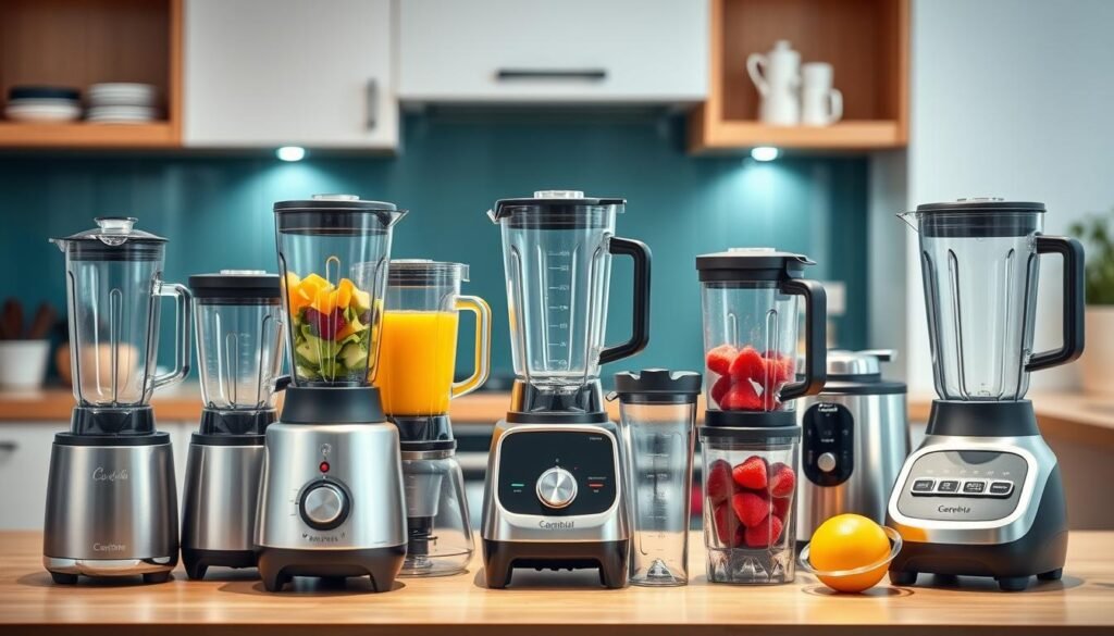 A visually striking image of the best electric blenders available in the Saudi Arabian market. Showcase a modern, well-lit kitchen counter setup with a selection of high-quality blenders in the foreground, ranging from compact personal models to large capacity professional-grade units. Emphasize the sleek, minimalist designs and premium materials such as stainless steel and glass. Include a range of blender styles and colors to demonstrate the diversity of options. Capture the blenders from an angle that highlights their key features and controls, conveying their functionality and ease of use. The overall scene should exude a sense of sophistication, efficiency, and the latest kitchen appliance trends. A visually striking image of the best electric blenders available in the Saudi Arabian market. Showcase a modern, well-lit kitchen counter setup with a selection of high-quality blenders in the foreground, ranging from compact personal models to large capacity professional-grade units. Emphasize the sleek, minimalist designs and premium materials such as stainless steel and glass. Include a range of blender styles and colors to demonstrate the diversity of options. Capture the blenders from an angle that highlights their key features and controls, conveying their functionality and ease of use. The overall scene should exude a sense of sophistication, efficiency, and the latest kitchen appliance trends.