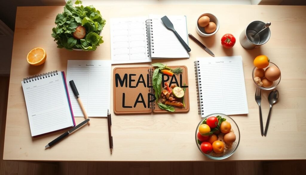 A weekly meal planning spread on a light wooden table, featuring neatly organized notebooks, fresh produce, and kitchen utensils. The layout is clean and minimalist, with a focus on the importance of structured planning for healthy, easy-to-prepare meals for weight loss. Soft, natural lighting illuminates the scene, creating a calming and organized atmosphere. The composition emphasizes the simplicity and effectiveness of weekly meal prepping, conveying a sense of control and efficiency in achieving fitness goals. A weekly meal planning spread on a light wooden table, featuring neatly organized notebooks, fresh produce, and kitchen utensils. The layout is clean and minimalist, with a focus on the importance of structured planning for healthy, easy-to-prepare meals for weight loss. Soft, natural lighting illuminates the scene, creating a calming and organized atmosphere. The composition emphasizes the simplicity and effectiveness of weekly meal prepping, conveying a sense of control and efficiency in achieving fitness goals.