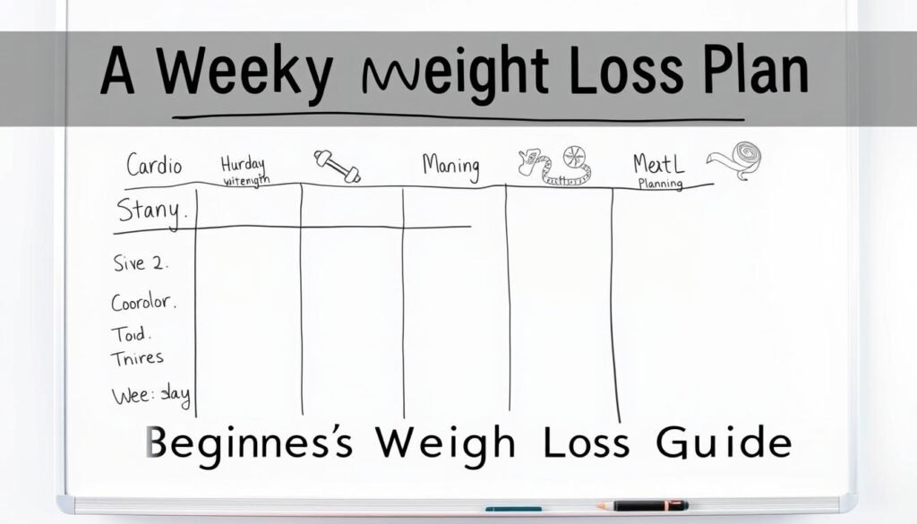 A weekly weight loss plan displayed on a clean, minimalist whiteboard. In the foreground, a simple schedule outlines the days of the week, each with a specific weight loss activity or goal, such as cardio, strength training, and healthy meal planning. The middle ground features motivational icons like dumbbells, running shoes, and a measuring tape, complementing the plan. The background has a soft, blurred gradient, creating a sense of focus on the plan itself. The overall mood is organized, practical, and encouraging, reflecting the section title "A Weekly Weight Loss Plan" for the beginner's weight loss guide. A weekly weight loss plan displayed on a clean, minimalist whiteboard. In the foreground, a simple schedule outlines the days of the week, each with a specific weight loss activity or goal, such as cardio, strength training, and healthy meal planning. The middle ground features motivational icons like dumbbells, running shoes, and a measuring tape, complementing the plan. The background has a soft, blurred gradient, creating a sense of focus on the plan itself. The overall mood is organized, practical, and encouraging, reflecting the section title "A Weekly Weight Loss Plan" for the beginner's weight loss guide.