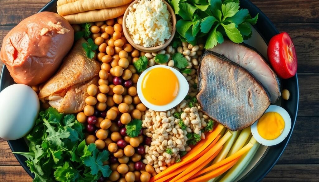 A well-balanced and nutritious meal featuring various fresh ingredients, designed to support muscle building and fat burning. Prominently displayed are high-protein foods like chicken, fish, eggs, and legumes, along with complex carbohydrates from whole grains, vegetables, and fruits. The lighting is warm and natural, highlighting the vibrant colors and textures of the foods. The composition is visually appealing, with the ingredients arranged in an aesthetically pleasing manner, conveying a sense of harmony and balance. The overall mood is one of health, vitality, and culinary delight, inspiring the viewer to embrace a wholesome, fitness-focused lifestyle. A well-balanced and nutritious meal featuring various fresh ingredients, designed to support muscle building and fat burning. Prominently displayed are high-protein foods like chicken, fish, eggs, and legumes, along with complex carbohydrates from whole grains, vegetables, and fruits. The lighting is warm and natural, highlighting the vibrant colors and textures of the foods. The composition is visually appealing, with the ingredients arranged in an aesthetically pleasing manner, conveying a sense of harmony and balance. The overall mood is one of health, vitality, and culinary delight, inspiring the viewer to embrace a wholesome, fitness-focused lifestyle.