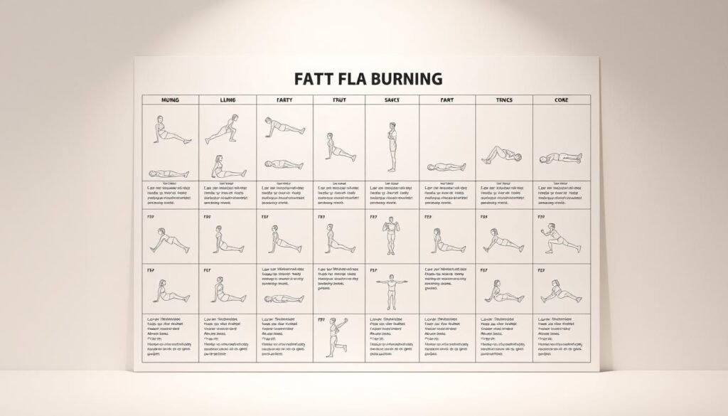 A well-designed fitness routine for effective fat burning, featuring a sleek and modern exercise chart with a clean, minimalist aesthetic. The chart displays a variety of full-body exercises, each with clear illustrations and concise descriptions, arranged in a grid layout. The exercises target different muscle groups and incorporate a mix of cardio, strength training, and core-focused movements. The chart is set against a soft, neutral-toned background, creating a calming and motivating atmosphere. Subtle highlights and shadows add depth and dimension, while the overall composition conveys a sense of balance, practicality, and professionalism. A well-designed fitness routine for effective fat burning, featuring a sleek and modern exercise chart with a clean, minimalist aesthetic. The chart displays a variety of full-body exercises, each with clear illustrations and concise descriptions, arranged in a grid layout. The exercises target different muscle groups and incorporate a mix of cardio, strength training, and core-focused movements. The chart is set against a soft, neutral-toned background, creating a calming and motivating atmosphere. Subtle highlights and shadows add depth and dimension, while the overall composition conveys a sense of balance, practicality, and professionalism.