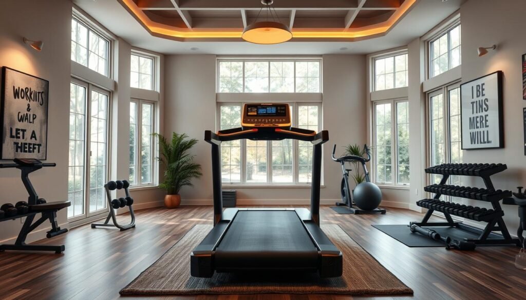 A well-equipped modern home gym, filled with natural light from large windows. In the center, a sleek and sturdy treadmill, its display panel indicating various workout programs and settings. The treadmill is positioned on a plush fitness mat, surrounded by other exercise equipment like dumbbells and yoga mats. The walls are adorned with motivational artwork, creating a serene and inspirational atmosphere. The lighting is a combination of warm, ambient overhead lighting and task-focused lighting on the treadmill. The camera angle captures the treadmill from a slightly elevated perspective, showcasing its impressive design and functionality. A well-equipped modern home gym, filled with natural light from large windows. In the center, a sleek and sturdy treadmill, its display panel indicating various workout programs and settings. The treadmill is positioned on a plush fitness mat, surrounded by other exercise equipment like dumbbells and yoga mats. The walls are adorned with motivational artwork, creating a serene and inspirational atmosphere. The lighting is a combination of warm, ambient overhead lighting and task-focused lighting on the treadmill. The camera angle captures the treadmill from a slightly elevated perspective, showcasing its impressive design and functionality.