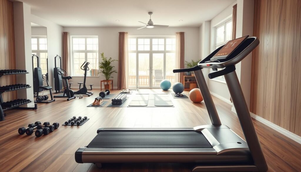 A well-lit and spacious home gym setting, featuring a modern and sleek treadmill in the foreground. The treadmill is prominently displayed, its smooth metallic frame and digital display panels showcasing its advanced features. In the middle ground, various fitness equipment such as free weights, exercise mats, and a stability ball create a comprehensive home workout environment. The background showcases a minimalist yet warm interior design, with large windows allowing natural light to pour in, illuminating the space. The overall atmosphere conveys a sense of wellness, functionality, and sophistication, perfectly capturing the essence of an optimal home treadmill setup. A well-lit and spacious home gym setting, featuring a modern and sleek treadmill in the foreground. The treadmill is prominently displayed, its smooth metallic frame and digital display panels showcasing its advanced features. In the middle ground, various fitness equipment such as free weights, exercise mats, and a stability ball create a comprehensive home workout environment. The background showcases a minimalist yet warm interior design, with large windows allowing natural light to pour in, illuminating the space. The overall atmosphere conveys a sense of wellness, functionality, and sophistication, perfectly capturing the essence of an optimal home treadmill setup.