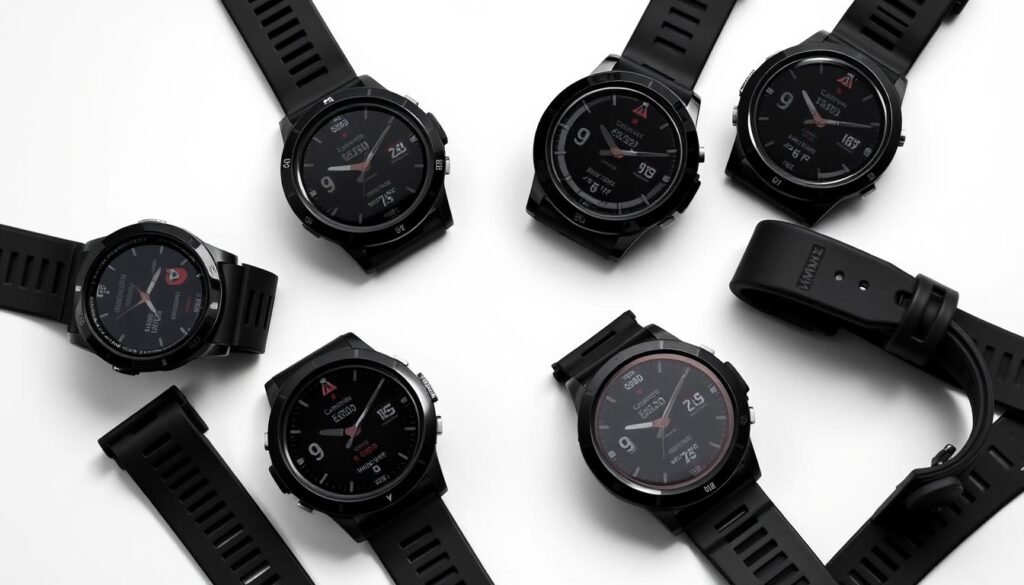 A well-lit, close-up photograph of several Garmin sports watches laid out on a minimalist, monochrome background. The watches are shown from different angles, highlighting their sleek, durable designs and high-tech features like heart rate monitors, GPS tracking, and advanced activity tracking. The image conveys a sense of precision, power, and technical sophistication, aligning with the "Garmin Sports Watches: Strength and Precision" section title. A well-lit, close-up photograph of several Garmin sports watches laid out on a minimalist, monochrome background. The watches are shown from different angles, highlighting their sleek, durable designs and high-tech features like heart rate monitors, GPS tracking, and advanced activity tracking. The image conveys a sense of precision, power, and technical sophistication, aligning with the "Garmin Sports Watches: Strength and Precision" section title.
