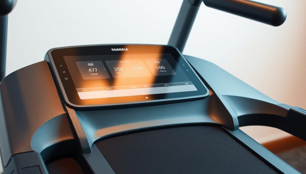 A well-lit, close-up view of an advanced treadmill, showcasing its sleek control panel and intuitive settings. The display presents clear, easy-to-understand options for adjusting the speed, incline, and workout duration. The treadmill's surface is textured for optimal traction, and the frame has a sturdy, modern design. Soft, diffused lighting illuminates the scene, creating a calm, focused atmosphere. The angle highlights the thoughtful ergonomics and user-friendly interface, inviting the viewer to envision themselves effortlessly customizing their workout routine on this state-of-the-art fitness equipment. A well-lit, close-up view of an advanced treadmill, showcasing its sleek control panel and intuitive settings. The display presents clear, easy-to-understand options for adjusting the speed, incline, and workout duration. The treadmill's surface is textured for optimal traction, and the frame has a sturdy, modern design. Soft, diffused lighting illuminates the scene, creating a calm, focused atmosphere. The angle highlights the thoughtful ergonomics and user-friendly interface, inviting the viewer to envision themselves effortlessly customizing their workout routine on this state-of-the-art fitness equipment.