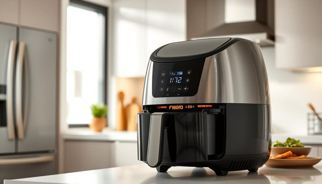 A well-lit, detailed close-up view of an air fryer in a modern kitchen setting, showcasing its various components and controls. The air fryer is placed on a clean, uncluttered countertop, with a minimalist, neutral-toned background. The image should capture the air fryer's sleek, futuristic design, with a focus on its user-friendly interface and intuitive controls. Lighting should be soft and even, highlighting the textures and materials of the appliance. The composition should be balanced and visually appealing, providing a clear and informative representation of the air fryer and its usage. A well-lit, detailed close-up view of an air fryer in a modern kitchen setting, showcasing its various components and controls. The air fryer is placed on a clean, uncluttered countertop, with a minimalist, neutral-toned background. The image should capture the air fryer's sleek, futuristic design, with a focus on its user-friendly interface and intuitive controls. Lighting should be soft and even, highlighting the textures and materials of the appliance. The composition should be balanced and visually appealing, providing a clear and informative representation of the air fryer and its usage.