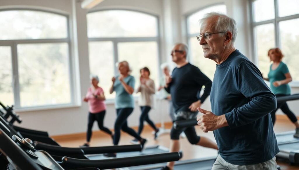A well-lit gymnasium interior with a focus on elderly individuals performing low-impact cardio exercises. In the foreground, a senior man and woman are walking briskly on treadmills, their faces expressing determination. In the middle ground, a group of seniors are engaged in light aerobic movements, led by a fitness instructor. The background features large windows allowing natural light to stream in, creating a warm, inviting atmosphere. The overall scene conveys a sense of vitality and a commitment to healthy aging through appropriate cardiovascular activities. A well-lit gymnasium interior with a focus on elderly individuals performing low-impact cardio exercises. In the foreground, a senior man and woman are walking briskly on treadmills, their faces expressing determination. In the middle ground, a group of seniors are engaged in light aerobic movements, led by a fitness instructor. The background features large windows allowing natural light to stream in, creating a warm, inviting atmosphere. The overall scene conveys a sense of vitality and a commitment to healthy aging through appropriate cardiovascular activities.