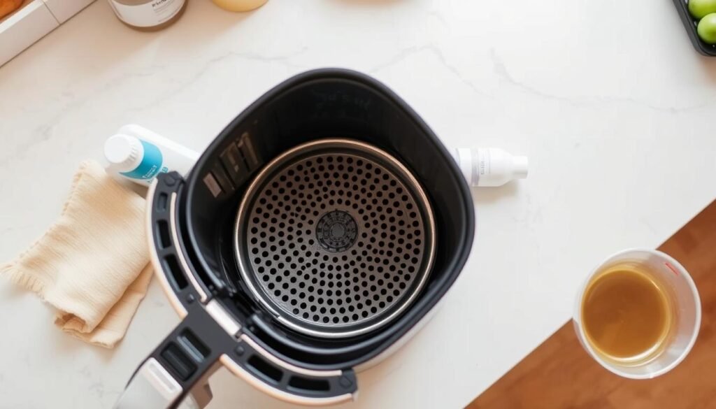 A well-lit, high-angle view of a modern, stainless steel air fryer placed on a clean kitchen counter. The appliance's interior is visible, showcasing its removable basket and perforated surface. Nearby, cleaning supplies such as a soft cloth, mild detergent, and a small bowl of warm water are arranged neatly. The overall scene conveys a sense of order, cleanliness, and attention to detail, reflecting the step-by-step process of properly maintaining an air fryer. A well-lit, high-angle view of a modern, stainless steel air fryer placed on a clean kitchen counter. The appliance's interior is visible, showcasing its removable basket and perforated surface. Nearby, cleaning supplies such as a soft cloth, mild detergent, and a small bowl of warm water are arranged neatly. The overall scene conveys a sense of order, cleanliness, and attention to detail, reflecting the step-by-step process of properly maintaining an air fryer.