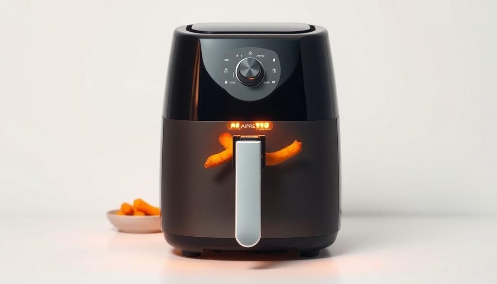 A well-lit, high-resolution image of a modern air fryer showcasing its key healthy features. The fryer is positioned centrally, with a clean, minimalist background that highlights its sleek, minimalist design. The fryer's transparent lid allows a glimpse of freshly air-fried food, conveying its efficiency and ease of use. Soft, warm lighting from the front casts a subtle glow, emphasizing the appliance's premium quality. The overall composition exudes a sense of simplicity, functionality, and the healthy benefits of air frying over traditional deep frying methods. A well-lit, high-resolution image of a modern air fryer showcasing its key healthy features. The fryer is positioned centrally, with a clean, minimalist background that highlights its sleek, minimalist design. The fryer's transparent lid allows a glimpse of freshly air-fried food, conveying its efficiency and ease of use. Soft, warm lighting from the front casts a subtle glow, emphasizing the appliance's premium quality. The overall composition exudes a sense of simplicity, functionality, and the healthy benefits of air frying over traditional deep frying methods.