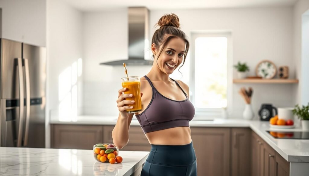 A well-lit, high-resolution image of a woman in athletic wear enjoying a healthy smoothie post-workout. The scene is set in a modern, airy kitchen with sleek appliances and natural light streaming in. The woman stands at a marble countertop, holding a vibrant, nutrient-dense smoothie in a glass tumbler. Her expression is one of satisfaction and rejuvenation after a challenging fitness routine. The image conveys the idea of balanced, wholesome nutrition supporting muscle recovery and overall wellness for the active, health-conscious woman. A well-lit, high-resolution image of a woman in athletic wear enjoying a healthy smoothie post-workout. The scene is set in a modern, airy kitchen with sleek appliances and natural light streaming in. The woman stands at a marble countertop, holding a vibrant, nutrient-dense smoothie in a glass tumbler. Her expression is one of satisfaction and rejuvenation after a challenging fitness routine. The image conveys the idea of balanced, wholesome nutrition supporting muscle recovery and overall wellness for the active, health-conscious woman.