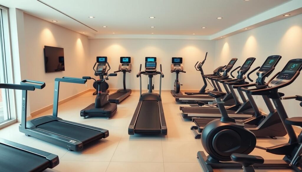 A well-lit, high-resolution photograph of a variety of treadmills and exercise bikes displayed in an upscale home fitness equipment showroom in Saudi Arabia. The products are arranged in a clean, minimalist layout with ample negative space, allowing the details and features of each machine to be clearly visible. The lighting is soft and even, creating a warm, inviting atmosphere. The treadmills are shown from multiple angles, highlighting their sleek designs, advanced displays, and ergonomic handles. The exercise bikes are depicted in a similar fashion, showcasing their adjustable seats, resistance levels, and connectivity options. The overall scene conveys a sense of quality, innovation, and consumer choice in the Saudi home fitness equipment market. A well-lit, high-resolution photograph of a variety of treadmills and exercise bikes displayed in an upscale home fitness equipment showroom in Saudi Arabia. The products are arranged in a clean, minimalist layout with ample negative space, allowing the details and features of each machine to be clearly visible. The lighting is soft and even, creating a warm, inviting atmosphere. The treadmills are shown from multiple angles, highlighting their sleek designs, advanced displays, and ergonomic handles. The exercise bikes are depicted in a similar fashion, showcasing their adjustable seats, resistance levels, and connectivity options. The overall scene conveys a sense of quality, innovation, and consumer choice in the Saudi home fitness equipment market.