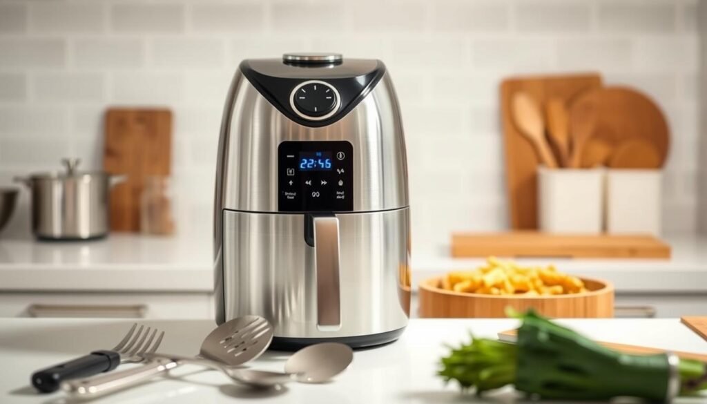 A well-lit kitchen countertop with a sleek, modern air fryer prominently displayed. The air fryer's shiny stainless steel exterior and digital control panel are clearly visible, inviting the viewer to inspect its safety features. In the foreground, there are neatly arranged kitchen tools and utensils, subtly hinting at the preparation process. The background features a clean, minimalist tiled wall, emphasizing the air fryer as the focal point. The overall scene conveys a sense of order, cleanliness, and attention to detail, reflecting the importance of safety when using this kitchen appliance. A well-lit kitchen countertop with a sleek, modern air fryer prominently displayed. The air fryer's shiny stainless steel exterior and digital control panel are clearly visible, inviting the viewer to inspect its safety features. In the foreground, there are neatly arranged kitchen tools and utensils, subtly hinting at the preparation process. The background features a clean, minimalist tiled wall, emphasizing the air fryer as the focal point. The overall scene conveys a sense of order, cleanliness, and attention to detail, reflecting the importance of safety when using this kitchen appliance.