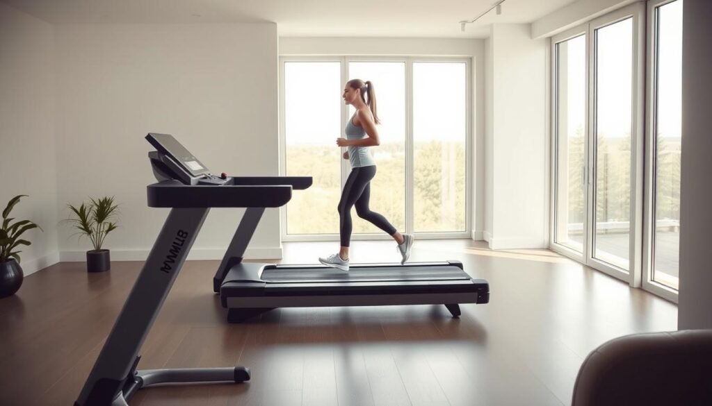 A well-lit, spacious home gym with a state-of-the-art treadmill as the centerpiece. The treadmill features a sleek, modern design with a large, high-resolution display showing real-time workout data. The user stands on the treadmill, dressed in comfortable athletic wear, their expression focused and determined as they stride with a steady, rhythmic pace. The background is a serene, minimalist setting, with floor-to-ceiling windows allowing natural light to flood the space, creating a calming and motivating atmosphere. The overall scene conveys the idea of achieving maximum health benefits through the proper use of a high-quality home treadmill. A well-lit, spacious home gym with a state-of-the-art treadmill as the centerpiece. The treadmill features a sleek, modern design with a large, high-resolution display showing real-time workout data. The user stands on the treadmill, dressed in comfortable athletic wear, their expression focused and determined as they stride with a steady, rhythmic pace. The background is a serene, minimalist setting, with floor-to-ceiling windows allowing natural light to flood the space, creating a calming and motivating atmosphere. The overall scene conveys the idea of achieving maximum health benefits through the proper use of a high-quality home treadmill.