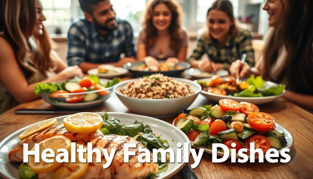 A wholesome family gathering around a table filled with a delectable array of healthy dishes. In the foreground, a platter of grilled salmon fillets adorned with fresh lemon wedges, alongside a colorful salad of mixed greens, sliced tomatoes, and cucumbers. In the middle, a hearty bowl of quinoa pilaf, studded with roasted vegetables and garnished with herbs. In the background, a warm, inviting kitchen setting with natural lighting filtering through the windows, creating a cozy ambiance. The scene exudes a sense of balance, nourishment, and togetherness, perfectly capturing the essence of "Healthy Family Dishes" for all ages. A wholesome family gathering around a table filled with a delectable array of healthy dishes. In the foreground, a platter of grilled salmon fillets adorned with fresh lemon wedges, alongside a colorful salad of mixed greens, sliced tomatoes, and cucumbers. In the middle, a hearty bowl of quinoa pilaf, studded with roasted vegetables and garnished with herbs. In the background, a warm, inviting kitchen setting with natural lighting filtering through the windows, creating a cozy ambiance. The scene exudes a sense of balance, nourishment, and togetherness, perfectly capturing the essence of "Healthy Family Dishes" for all ages.