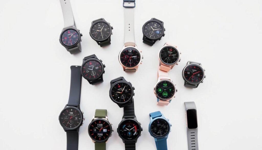 An array of the best sports watches on a clean, minimalist background. Sleek, modern timepieces in a variety of styles and colors - digital, analog, hybrid - showcasing advanced features like heart rate monitoring, GPS tracking, and water resistance. Smartly arranged to highlight their distinct designs and functionalities, creating an aspirational display of the top athletic wearables available in the Saudi market. Soft, even lighting emphasizes the premium materials and high-tech capabilities of these cutting-edge fitness companions. An array of the best sports watches on a clean, minimalist background. Sleek, modern timepieces in a variety of styles and colors - digital, analog, hybrid - showcasing advanced features like heart rate monitoring, GPS tracking, and water resistance. Smartly arranged to highlight their distinct designs and functionalities, creating an aspirational display of the top athletic wearables available in the Saudi market. Soft, even lighting emphasizes the premium materials and high-tech capabilities of these cutting-edge fitness companions.