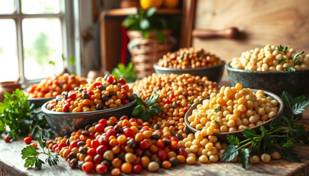Appetizing legume dishes in a rustic kitchen setting. A bountiful arrangement of colorful beans, lentils, and chickpeas, presented against a backdrop of natural light streaming through a window. Fresh herbs, spices, and a wooden cutting board add depth and texture. The overall mood is warm, inviting, and focused on the nutritional value of these protein-rich plant-based ingredients. A sense of homemade, wholesome nourishment pervades the scene, capturing the essence of legumes as a versatile, healthy source of plant-based protein. Appetizing legume dishes in a rustic kitchen setting. A bountiful arrangement of colorful beans, lentils, and chickpeas, presented against a backdrop of natural light streaming through a window. Fresh herbs, spices, and a wooden cutting board add depth and texture. The overall mood is warm, inviting, and focused on the nutritional value of these protein-rich plant-based ingredients. A sense of homemade, wholesome nourishment pervades the scene, capturing the essence of legumes as a versatile, healthy source of plant-based protein.