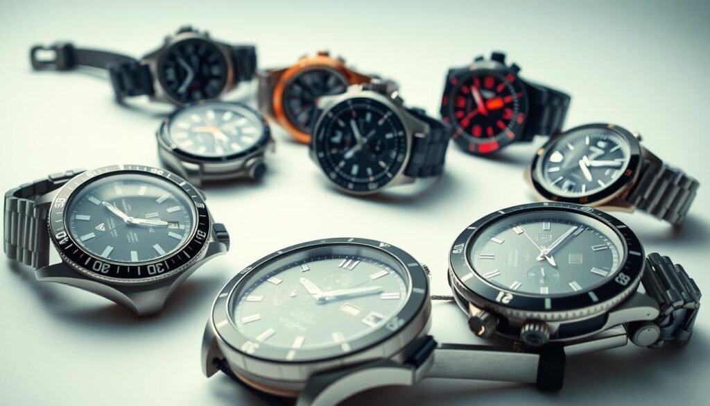 Detailed high-quality photograph of sports watches, showcasing various styles and designs. Set in a clean, well-lit studio environment with soft, diffused lighting to highlight the textures and features of the watches. Capturing the watches from multiple angles, including close-ups, to showcase their distinct characteristics. The composition should be balanced and visually appealing, with the watches presented in an organized and visually striking manner. The overall tone should convey a sense of professionalism, quality, and attention to detail, reflecting the subject of "Daliil Shira' Saaat Riadiyya" (Guide to Buying Sports Watches). Detailed high-quality photograph of sports watches, showcasing various styles and designs. Set in a clean, well-lit studio environment with soft, diffused lighting to highlight the textures and features of the watches. Capturing the watches from multiple angles, including close-ups, to showcase their distinct characteristics. The composition should be balanced and visually appealing, with the watches presented in an organized and visually striking manner. The overall tone should convey a sense of professionalism, quality, and attention to detail, reflecting the subject of "Daliil Shira' Saaat Riadiyya" (Guide to Buying Sports Watches).