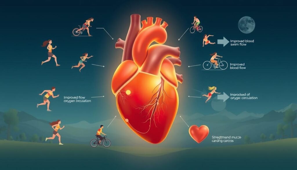 Detailed illustration of the cardiovascular benefits of aerobic exercises. In the foreground, a cross-section of a healthy human heart, its chambers and valves glowing with vibrancy. Surrounding it, various aerobic activities like jogging, cycling, and swimming, each depicted with fluid motion and dynamic poses. In the middle ground, visualizations of improved blood flow, oxygen circulation, and strengthened cardiac muscle. The background showcases a serene, nature-inspired setting, with elements like trees, mountains, and a clear sky, creating a sense of balance and wellbeing. Soft, warm lighting emanates from the heart, casting a gentle glow over the entire scene. The overall mood is one of vitality, harmony, and the profound physiological benefits of cardiovascular exercise. Detailed illustration of the cardiovascular benefits of aerobic exercises. In the foreground, a cross-section of a healthy human heart, its chambers and valves glowing with vibrancy. Surrounding it, various aerobic activities like jogging, cycling, and swimming, each depicted with fluid motion and dynamic poses. In the middle ground, visualizations of improved blood flow, oxygen circulation, and strengthened cardiac muscle. The background showcases a serene, nature-inspired setting, with elements like trees, mountains, and a clear sky, creating a sense of balance and wellbeing. Soft, warm lighting emanates from the heart, casting a gentle glow over the entire scene. The overall mood is one of vitality, harmony, and the profound physiological benefits of cardiovascular exercise.