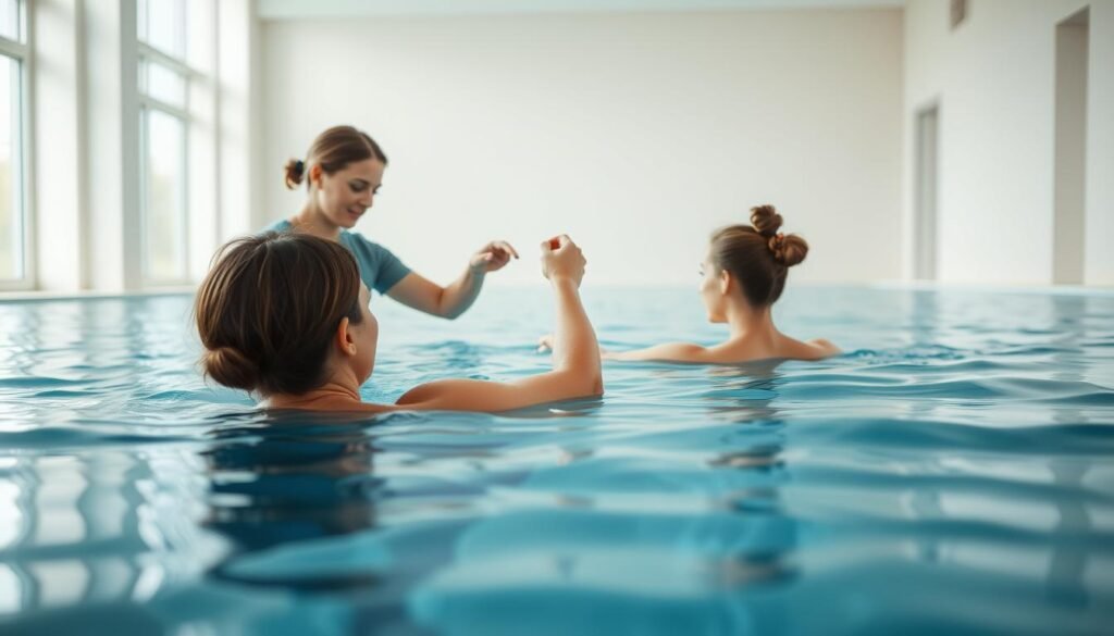 Detailed scene of a hydrotherapy rehabilitation session in a serene indoor pool. In the foreground, a patient carefully performs therapeutic exercises while supported by a physical therapist. The middle ground showcases the calm, gently rippling pool water reflecting the soothing lighting. In the background, a tranquil, minimalist space with high ceilings and large windows, allowing natural light to bathe the scene. The atmosphere is one of quiet healing, with a focus on the patient's gradual recovery through the restorative power of aquatic therapy. Detailed scene of a hydrotherapy rehabilitation session in a serene indoor pool. In the foreground, a patient carefully performs therapeutic exercises while supported by a physical therapist. The middle ground showcases the calm, gently rippling pool water reflecting the soothing lighting. In the background, a tranquil, minimalist space with high ceilings and large windows, allowing natural light to bathe the scene. The atmosphere is one of quiet healing, with a focus on the patient's gradual recovery through the restorative power of aquatic therapy.