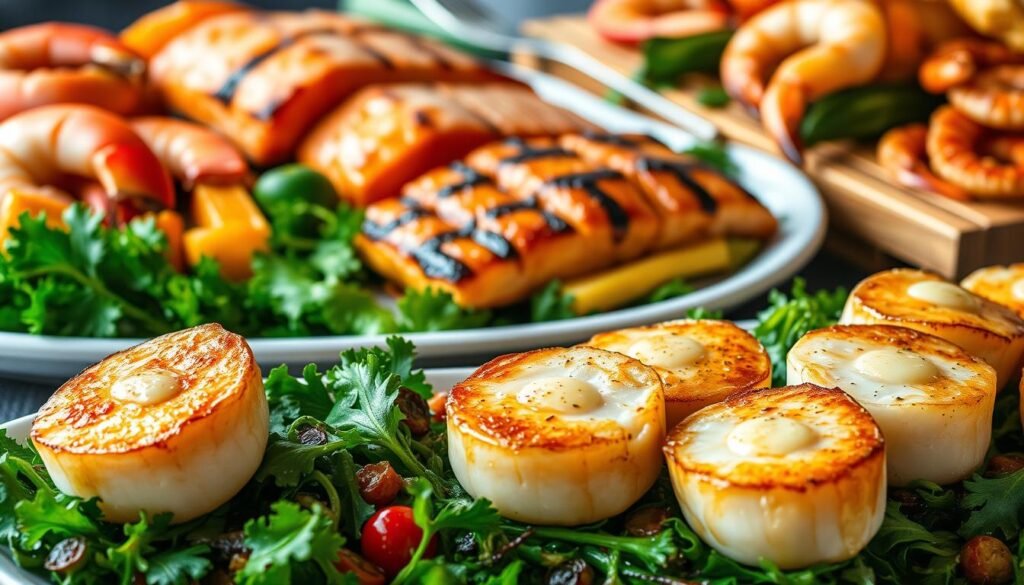 Elegant seafood dishes, a bountiful array of high-protein delicacies from the sea. In the foreground, seared scallops atop a bed of vibrant greens, accented by a drizzle of lemon-garlic butter. In the middle ground, grilled salmon fillets accompanied by roasted vegetables, their colors popping under warm, soft lighting. In the background, a selection of shellfish - plump shrimp, succulent lobster tails, and tender calamari - arranged artfully on a wooden serving board. The scene exudes a sense of health, indulgence, and culinary expertise, perfect for showcasing the wealth of protein-rich, nutritious options the ocean provides. Elegant seafood dishes, a bountiful array of high-protein delicacies from the sea. In the foreground, seared scallops atop a bed of vibrant greens, accented by a drizzle of lemon-garlic butter. In the middle ground, grilled salmon fillets accompanied by roasted vegetables, their colors popping under warm, soft lighting. In the background, a selection of shellfish - plump shrimp, succulent lobster tails, and tender calamari - arranged artfully on a wooden serving board. The scene exudes a sense of health, indulgence, and culinary expertise, perfect for showcasing the wealth of protein-rich, nutritious options the ocean provides.