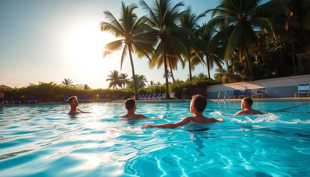 Summertime swimming: a serene outdoor pool surrounded by lush greenery, the sun's golden rays gently illuminating the crystal-clear waters. Swimmers gracefully glide through the refreshing coolness, escaping the oppressive heat. In the background, towering palm trees sway in a light breeze, creating a tranquil, tropical atmosphere. The scene evokes a sense of relaxation and rejuvenation, perfectly capturing the joys of swimming during the warmest season. Summertime swimming: a serene outdoor pool surrounded by lush greenery, the sun's golden rays gently illuminating the crystal-clear waters. Swimmers gracefully glide through the refreshing coolness, escaping the oppressive heat. In the background, towering palm trees sway in a light breeze, creating a tranquil, tropical atmosphere. The scene evokes a sense of relaxation and rejuvenation, perfectly capturing the joys of swimming during the warmest season.